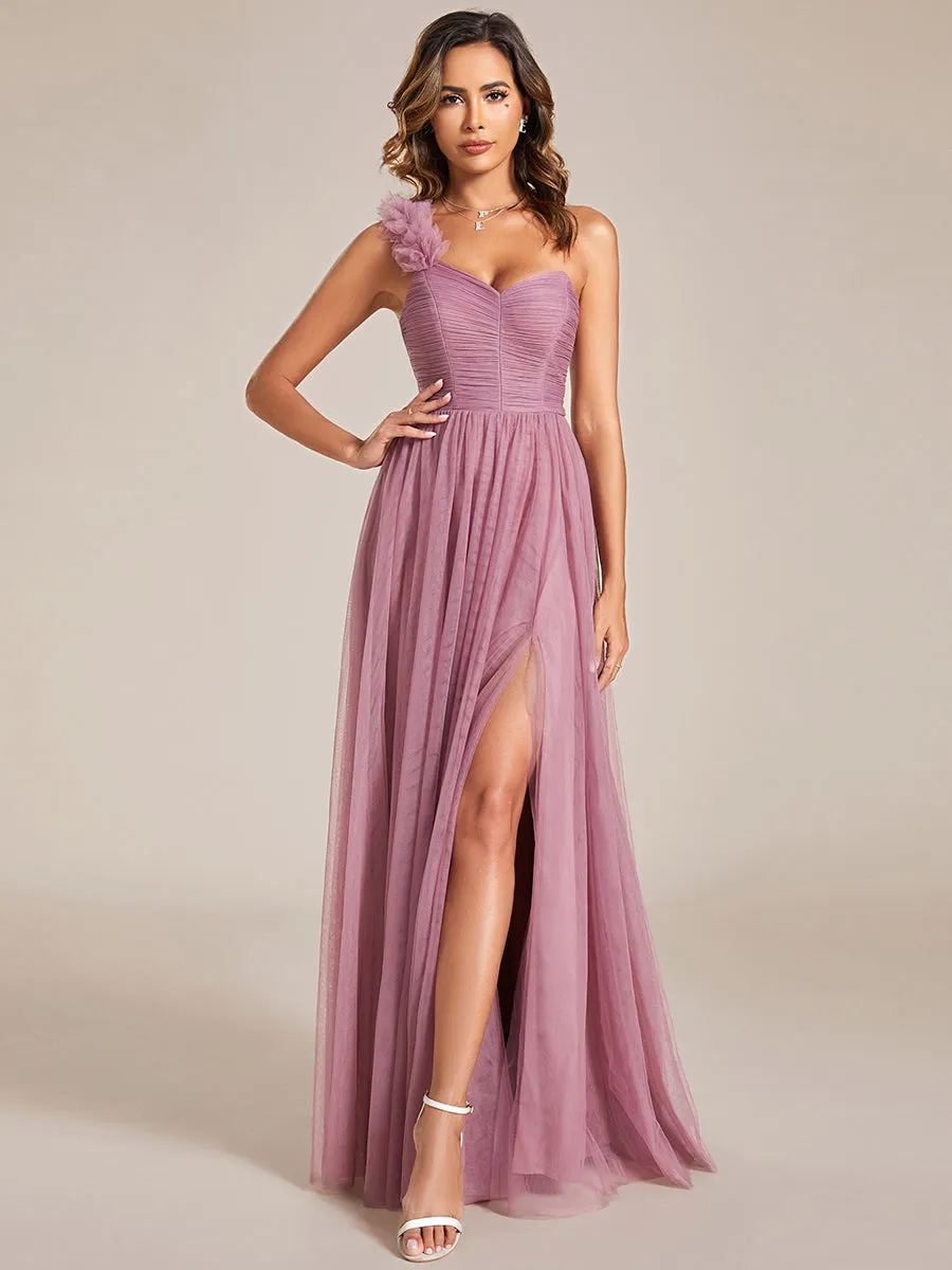 Pleated Backless One Shoulder Split Tulle Wholesale Bridesmaid Dresses