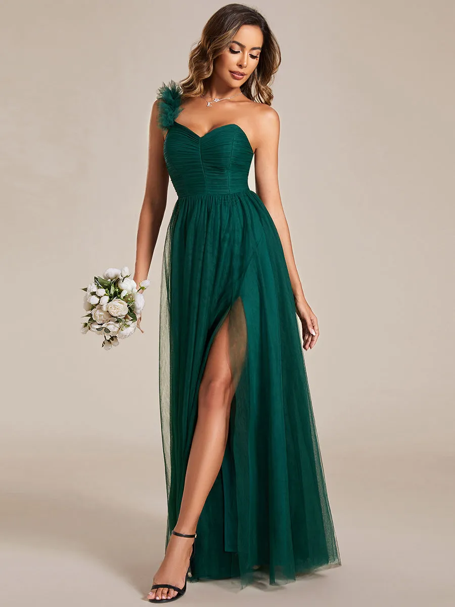 Pleated Backless One Shoulder Split Tulle Wholesale Bridesmaid Dresses