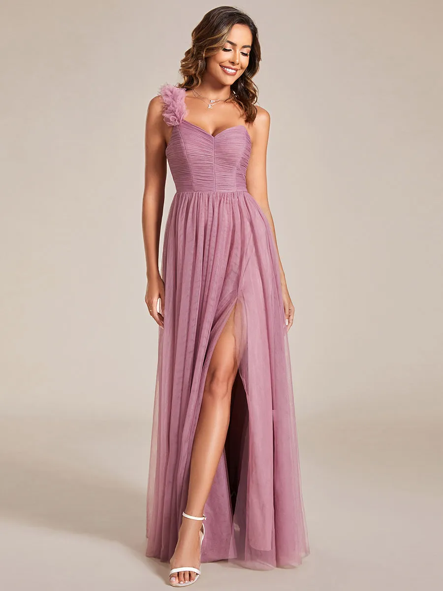 Pleated Backless One Shoulder Split Tulle Wholesale Bridesmaid Dresses