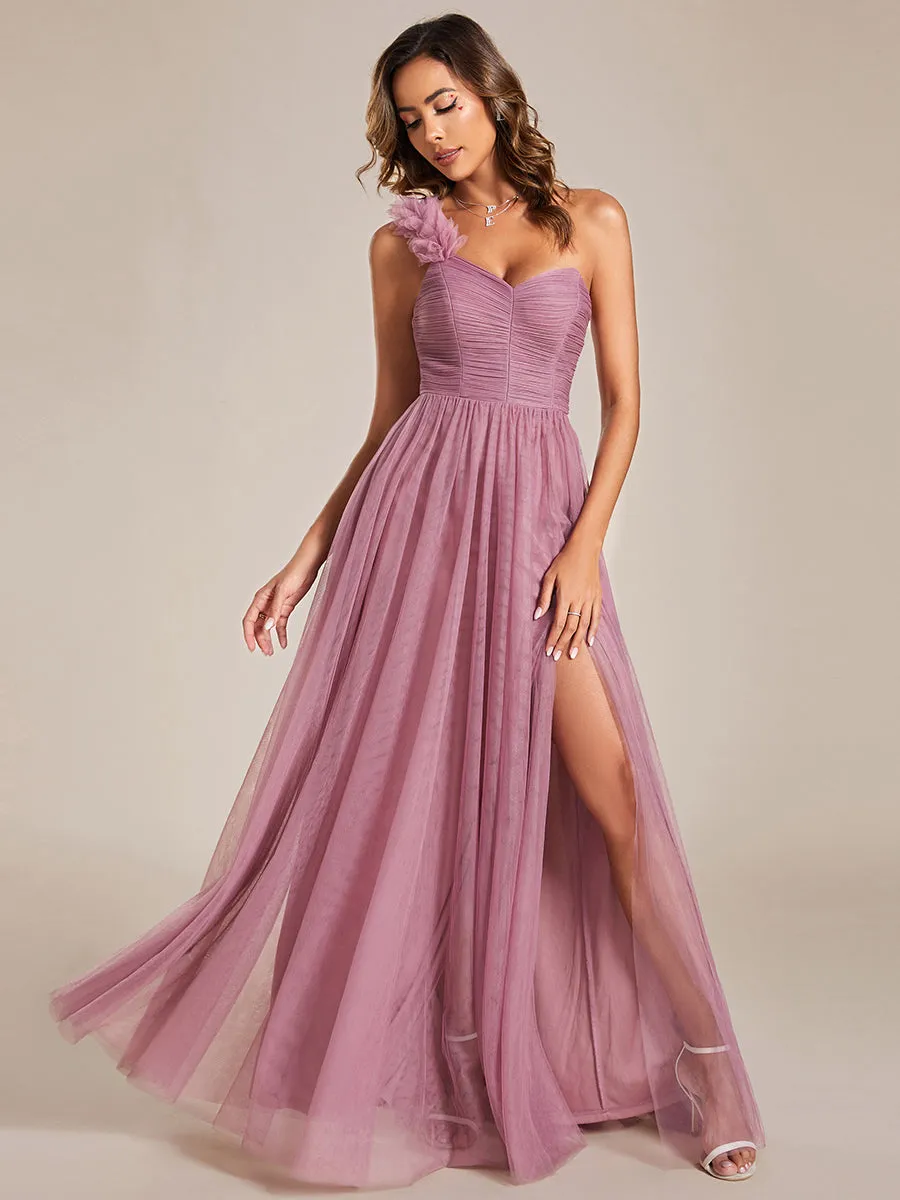 Pleated Backless One Shoulder Split Tulle Wholesale Bridesmaid Dresses