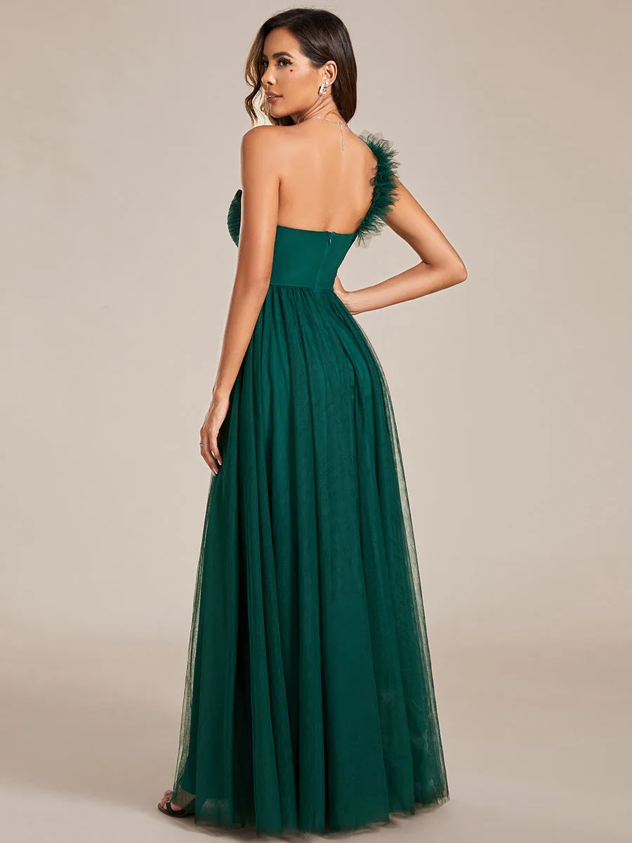 Pleated Backless One Shoulder Split Tulle Wholesale Bridesmaid Dresses