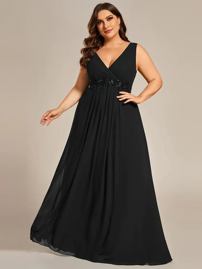 Plus A-Line V Neck Appliques Ruched  Evening Dresses