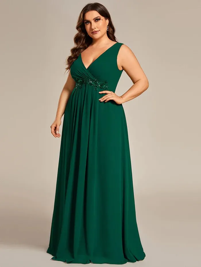 Plus A-Line V Neck Appliques Ruched  Evening Dresses