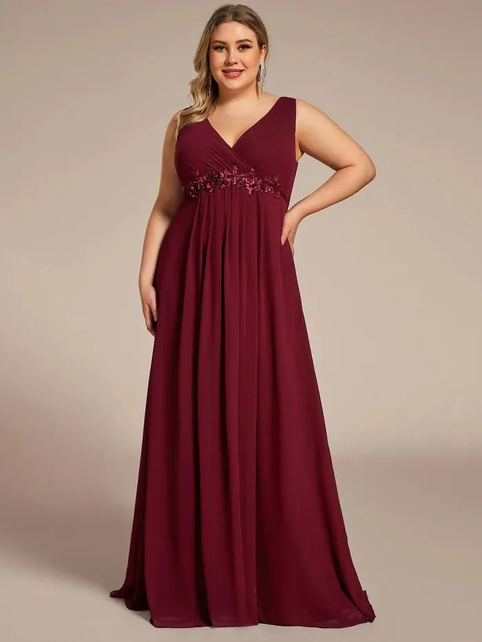 Plus A-Line V Neck Appliques Ruched  Evening Dresses