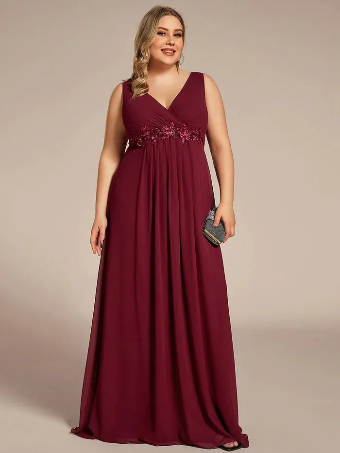 Plus A-Line V Neck Appliques Ruched  Evening Dresses