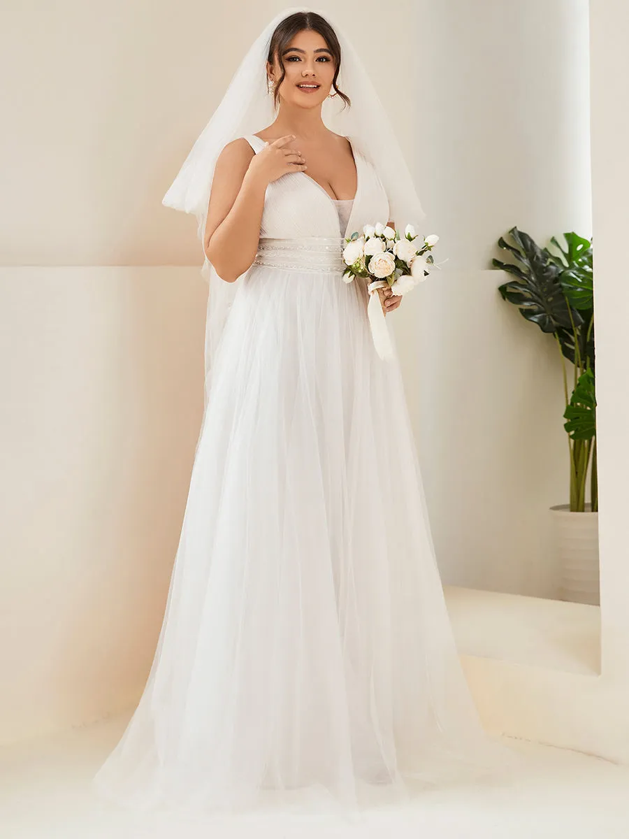 Plus Backless A Line Sleeveless Wholesale Wedding Dresses with Deep V Neck