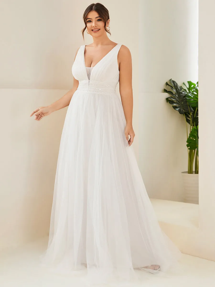 Plus Backless A Line Sleeveless Wholesale Wedding Dresses with Deep V Neck