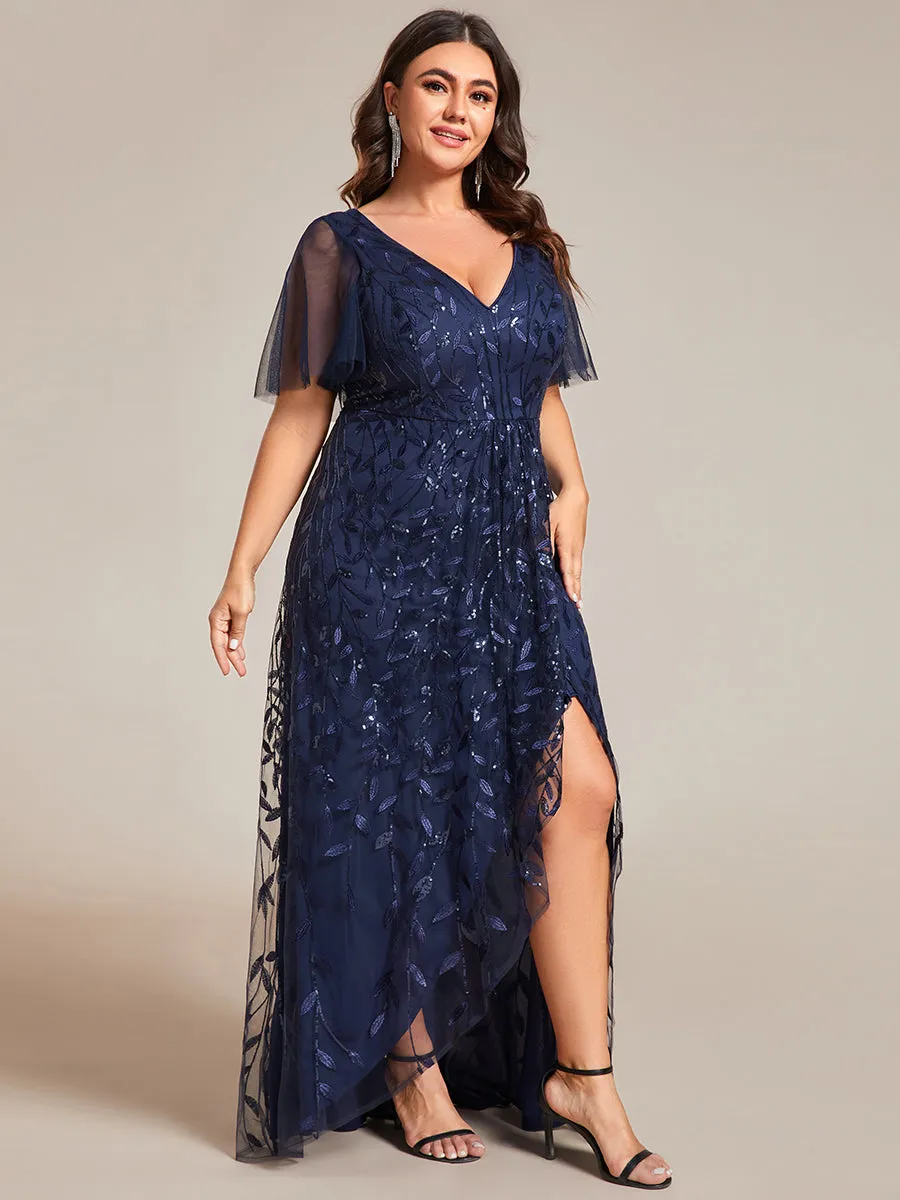 Plus Sequin Mesh High Low V-Neck Midi Evening Dress With Short Sleeves