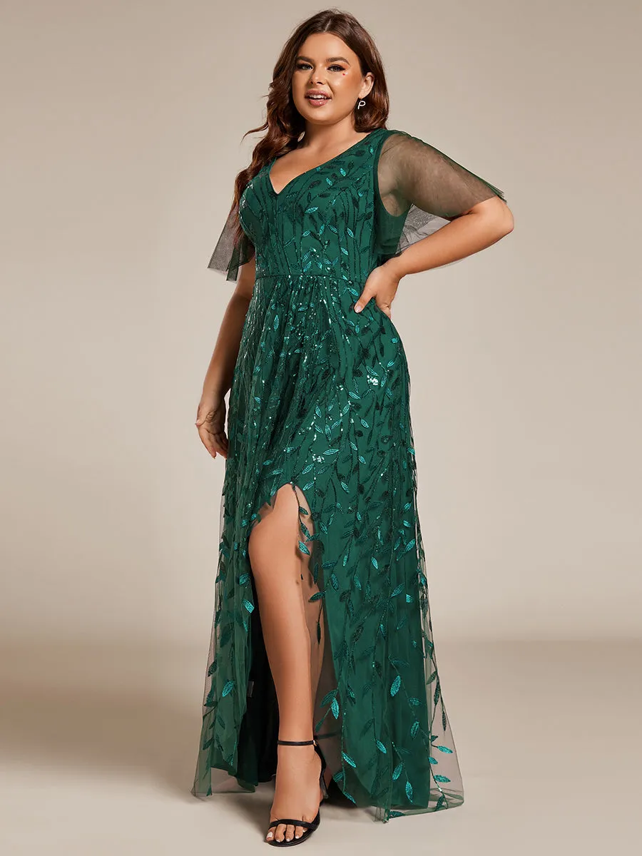 Plus Sequin Mesh High Low V-Neck Midi Evening Dress With Short Sleeves