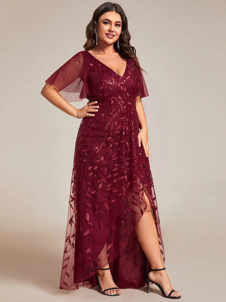 Plus Sequin Mesh High Low V-Neck Midi Evening Dress With Short Sleeves