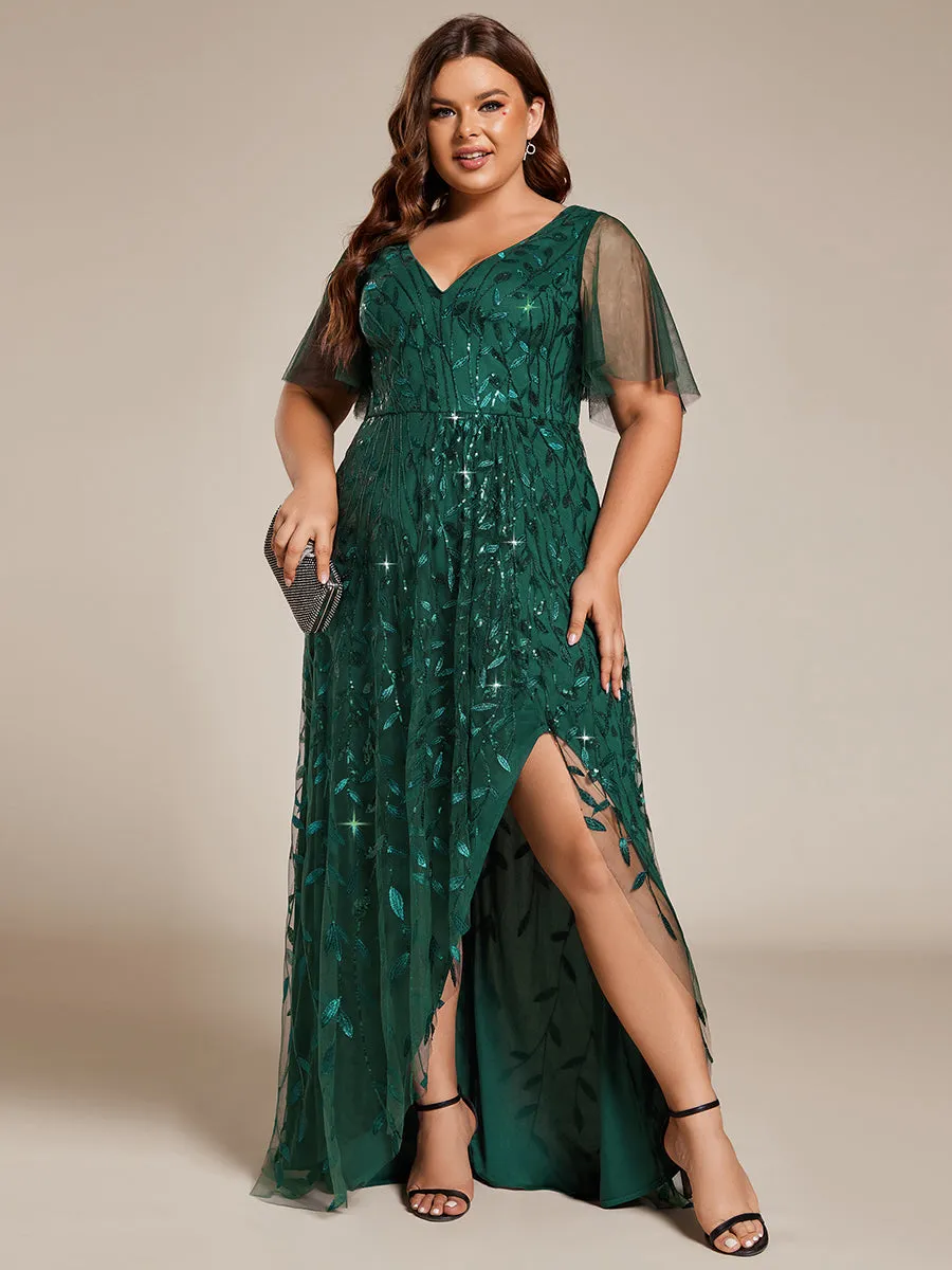 Plus Sequin Mesh High Low V-Neck Midi Evening Dress With Short Sleeves