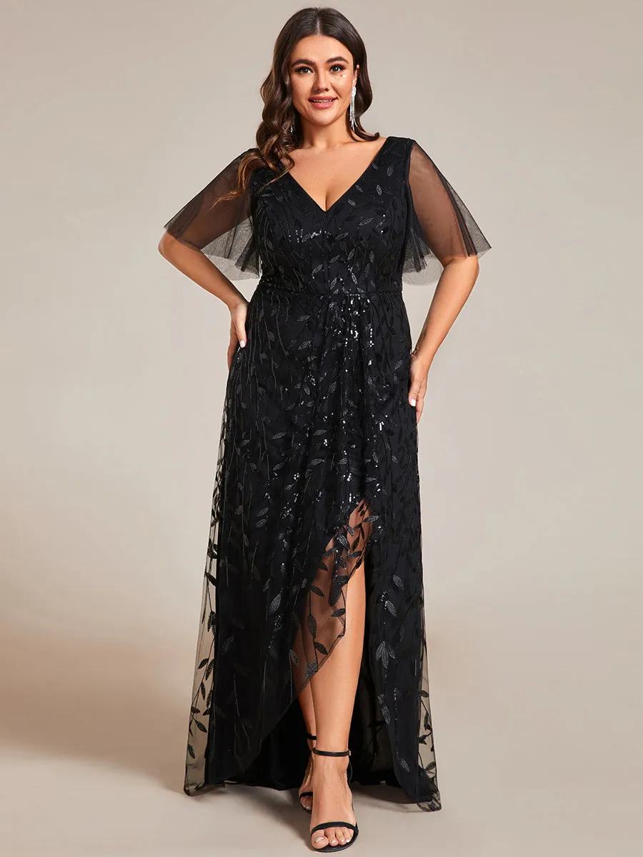 Plus Sequin Mesh High Low V-Neck Midi Evening Dress With Short Sleeves