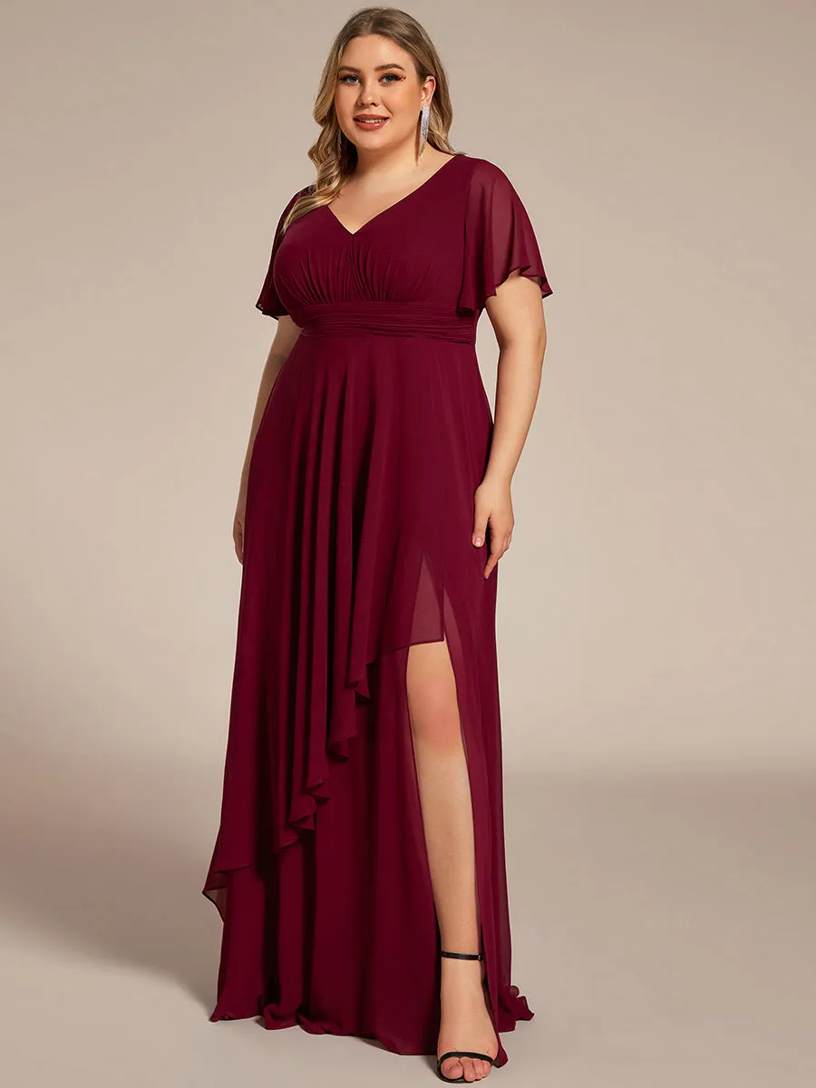 Plus Side Split V Neck Ruched Wholesale Chiffon Bridesmaid Dresses