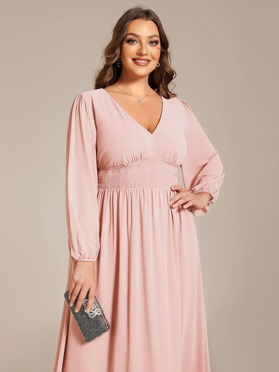 Plus Size Flowy Long Sleeves V-Neck Midi Chiffon Wedding Guest Dress