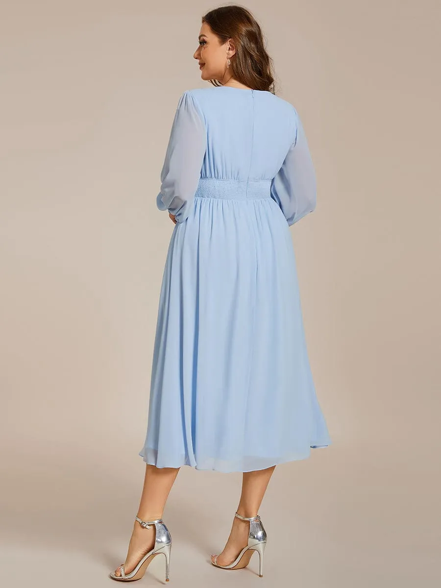 Plus Size Flowy Long Sleeves V-Neck Midi Chiffon Wedding Guest Dress