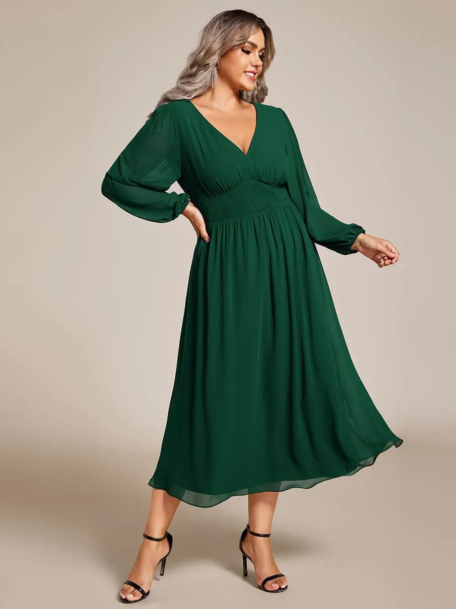 Plus Size Flowy Long Sleeves V-Neck Midi Chiffon Wedding Guest Dress