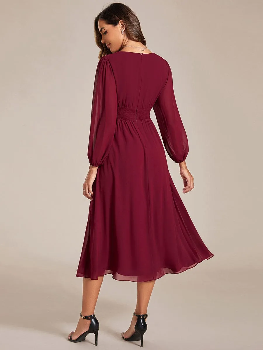 Plus Size Flowy Long Sleeves V-Neck Midi Chiffon Wedding Guest Dress