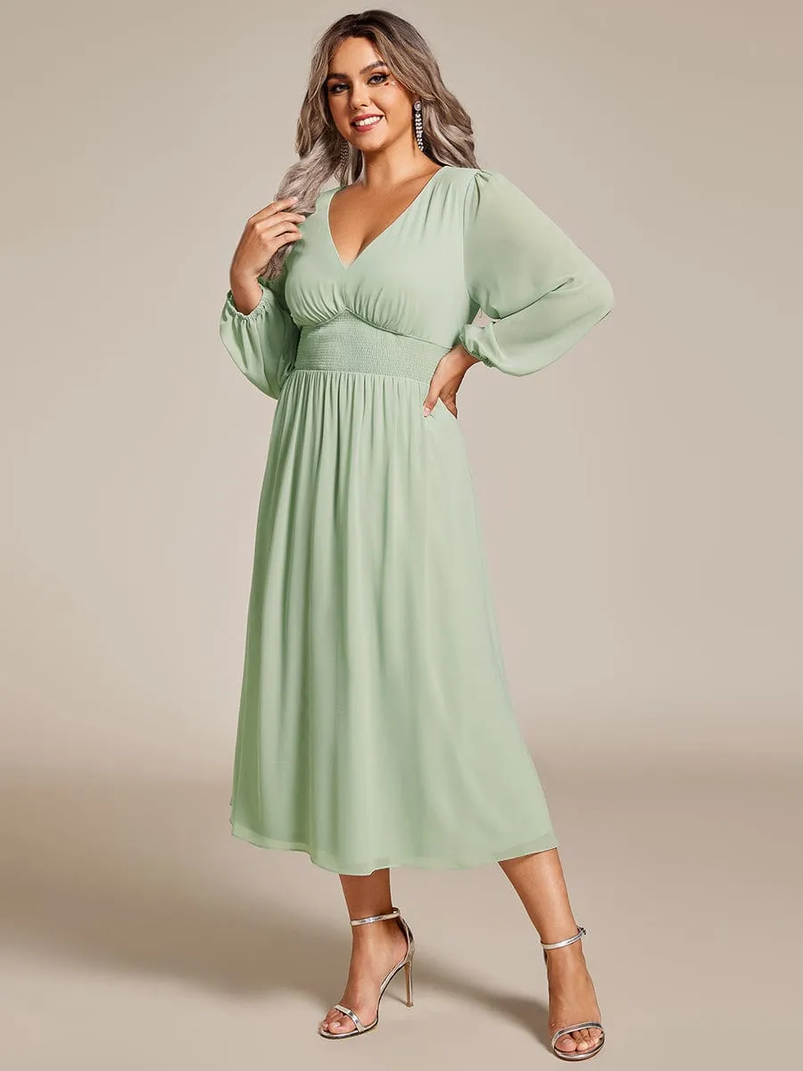 Plus Size Flowy Long Sleeves V-Neck Midi Chiffon Wedding Guest Dress