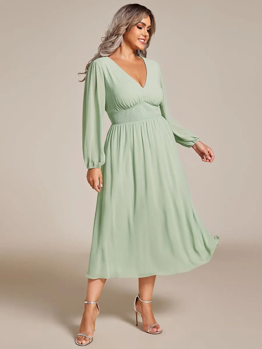 Plus Size Flowy Long Sleeves V-Neck Midi Chiffon Wedding Guest Dress