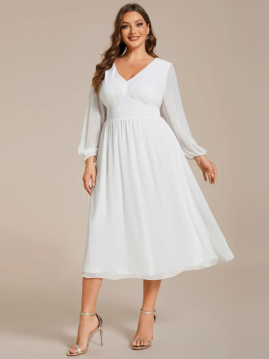 Plus Size Flowy Long Sleeves V-Neck Midi Chiffon Wedding Guest Dress