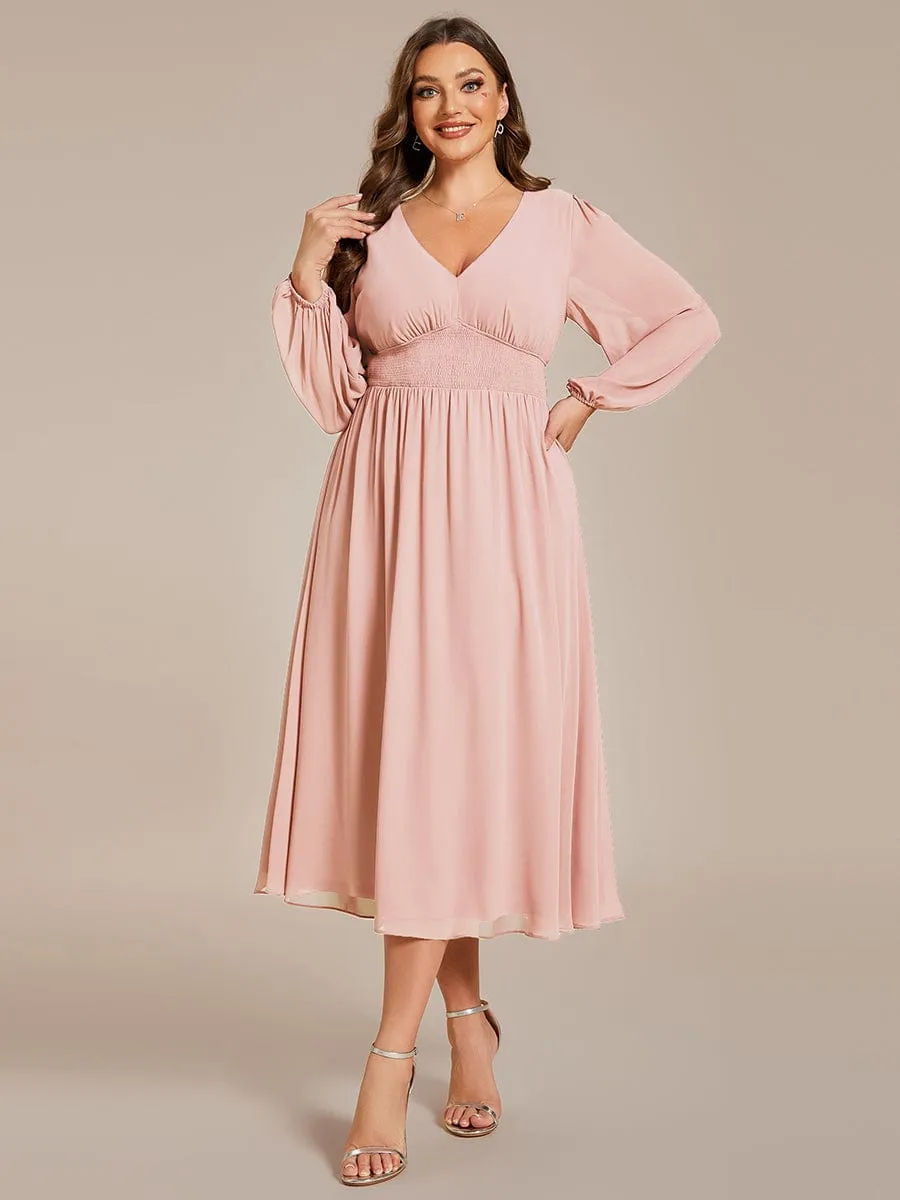 Plus Size Flowy Long Sleeves V-Neck Midi Chiffon Wedding Guest Dress