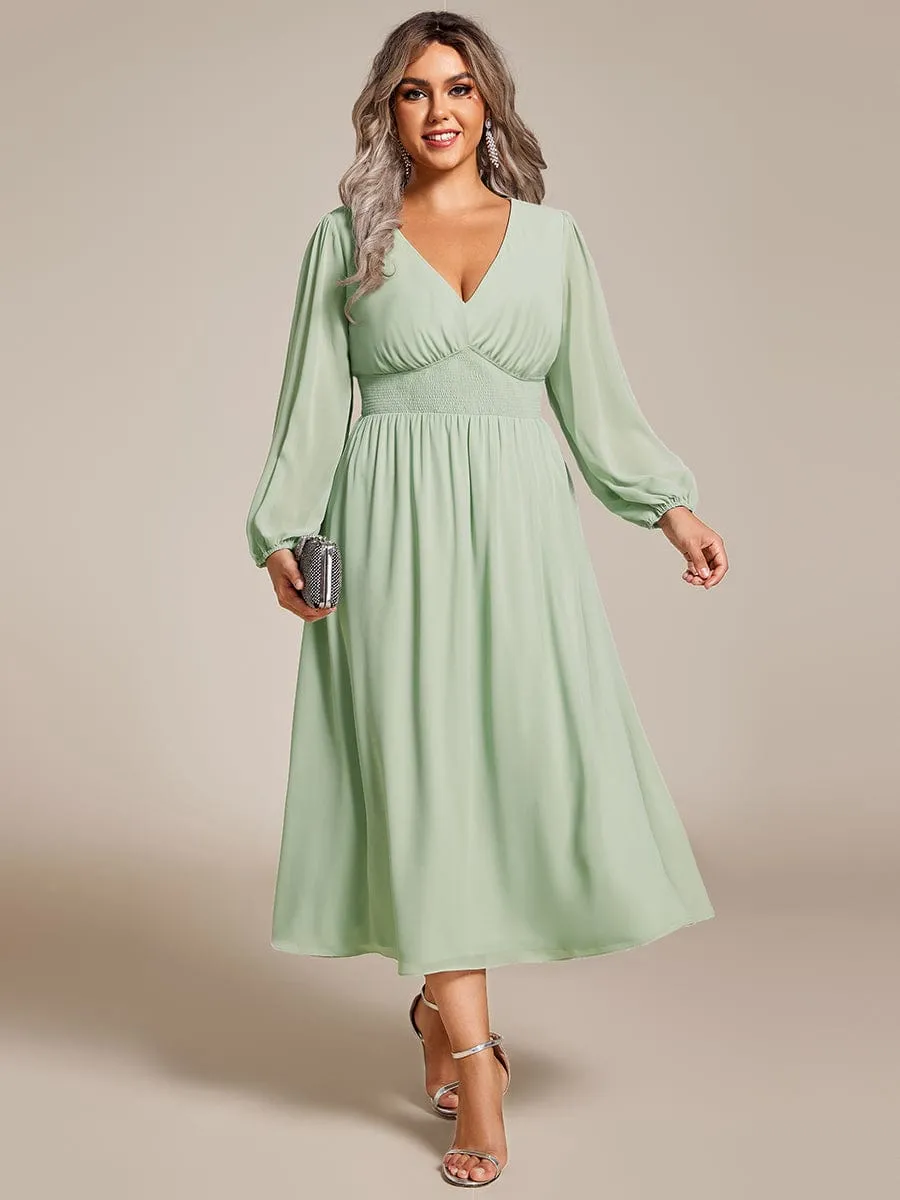 Plus Size Flowy Long Sleeves V-Neck Midi Chiffon Wedding Guest Dress