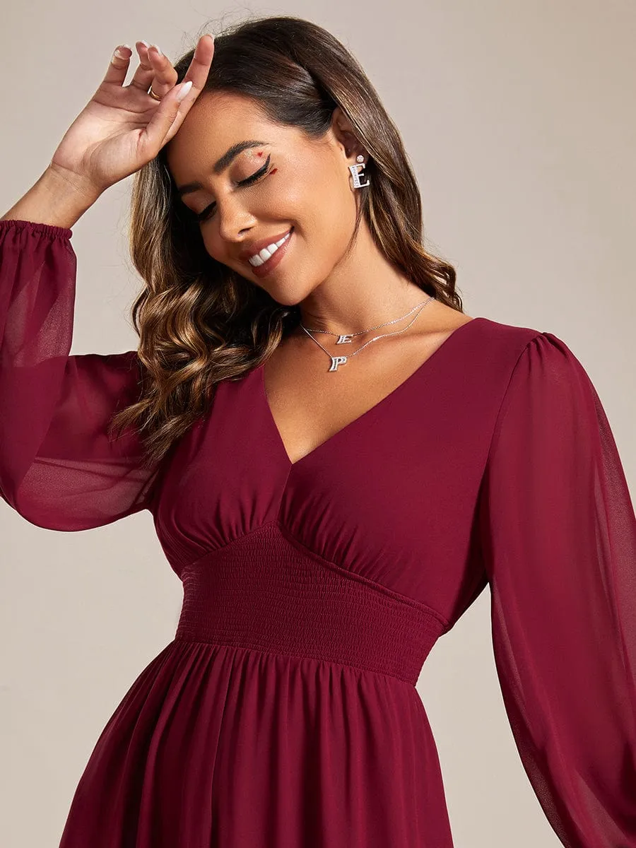 Plus Size Flowy Long Sleeves V-Neck Midi Chiffon Wedding Guest Dress