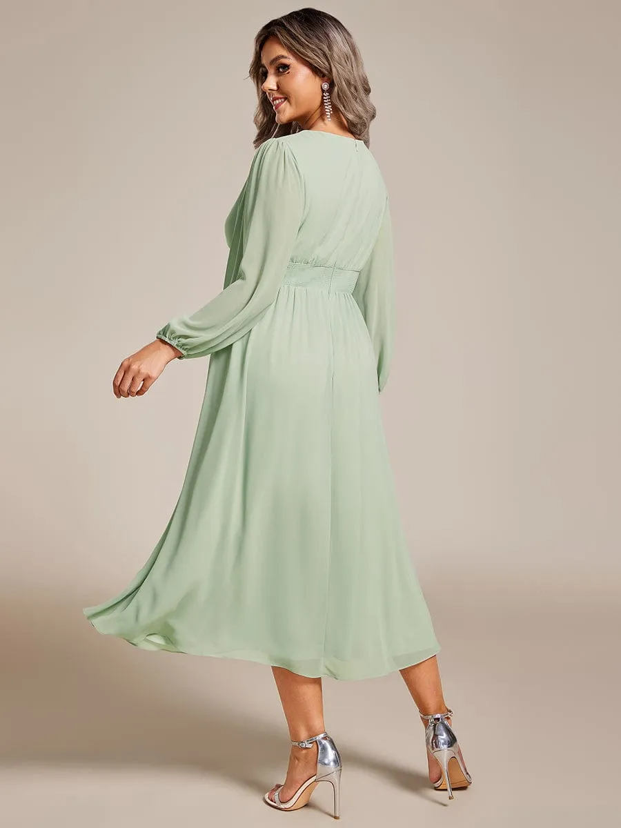 Plus Size Flowy Long Sleeves V-Neck Midi Chiffon Wedding Guest Dress