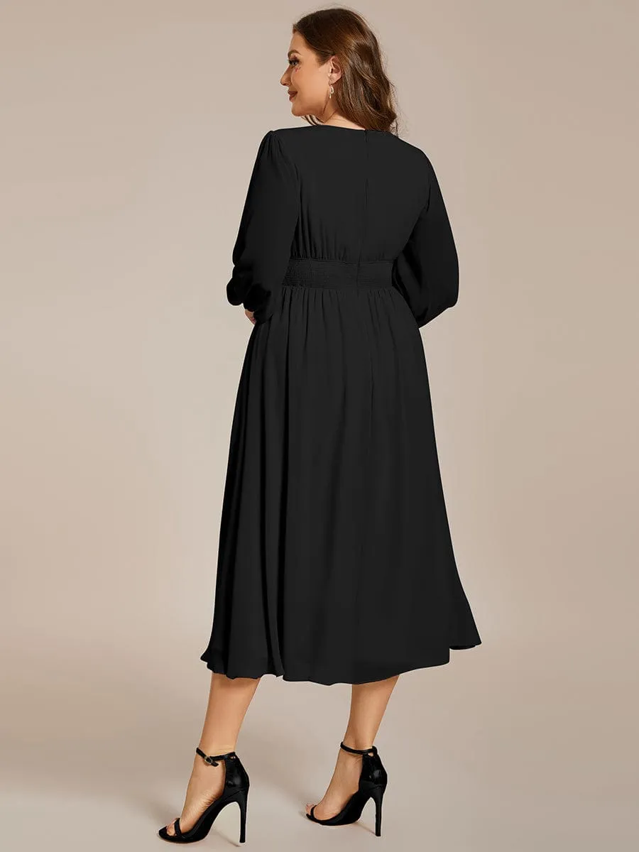 Plus Size Flowy Long Sleeves V-Neck Midi Chiffon Wedding Guest Dress