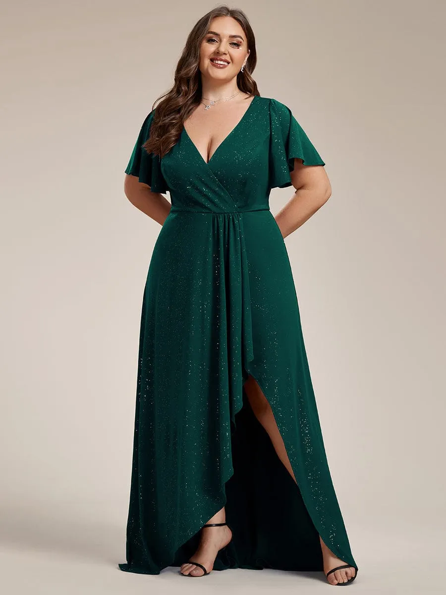 Plus Size Glitter Ruffled High-Low Front Slit Evening Dress