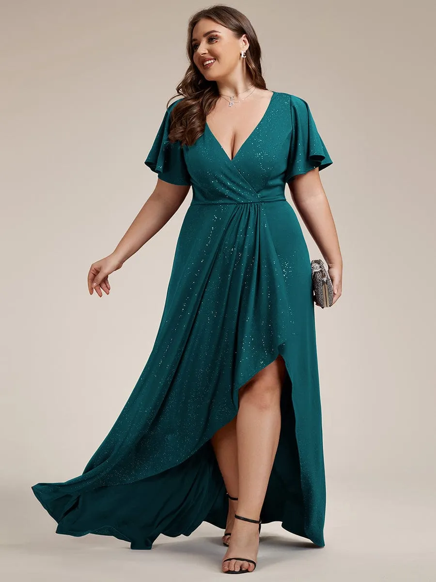 Plus Size Glitter Ruffled High-Low Front Slit Evening Dress