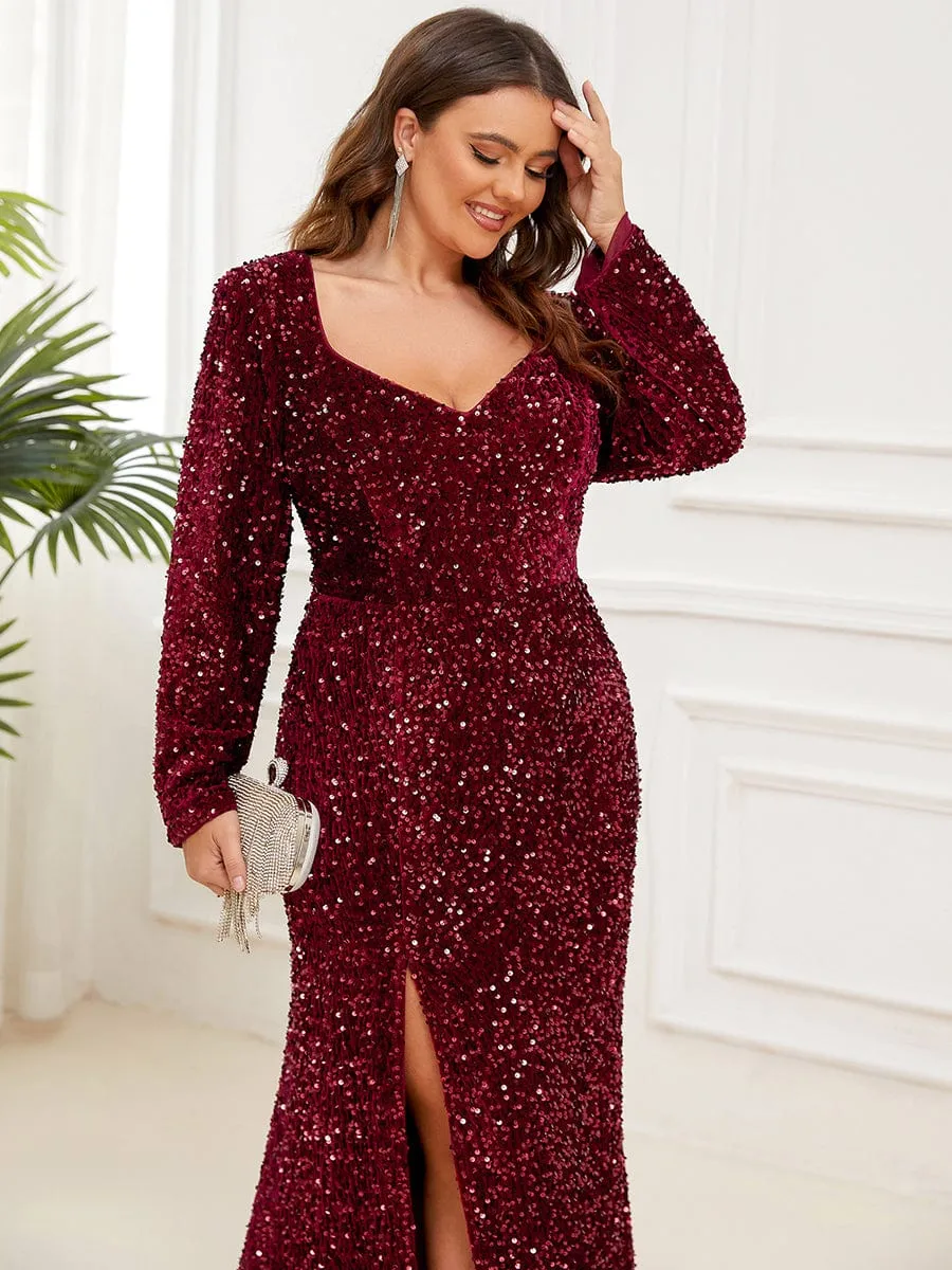 Plus Size Long Sleeve Sequin Front Slit Bodycon Evening Dress