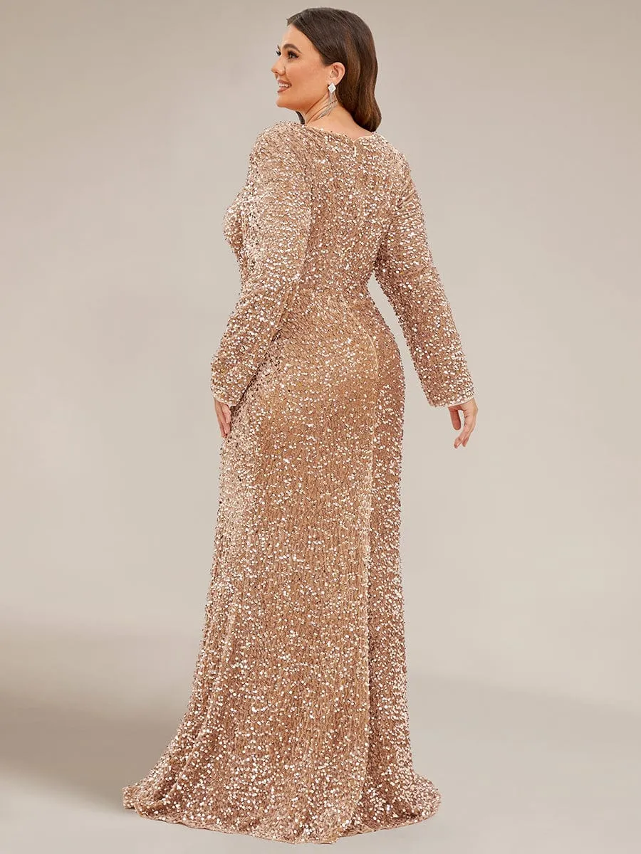 Plus Size Long Sleeve Sequin Front Slit Bodycon Evening Dress