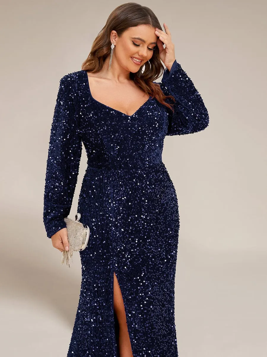 Plus Size Long Sleeve Sequin Front Slit Bodycon Evening Dress