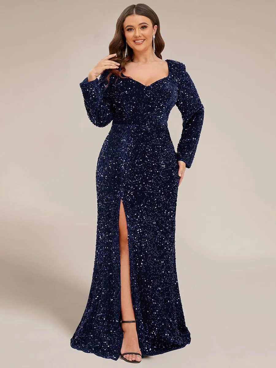 Plus Size Long Sleeve Sequin Front Slit Bodycon Evening Dress