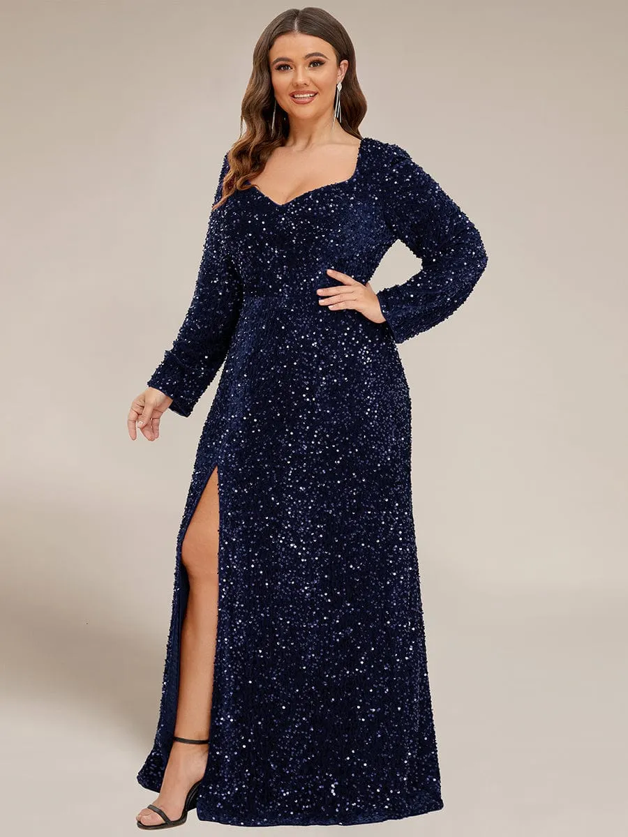 Plus Size Long Sleeve Sequin Front Slit Bodycon Evening Dress