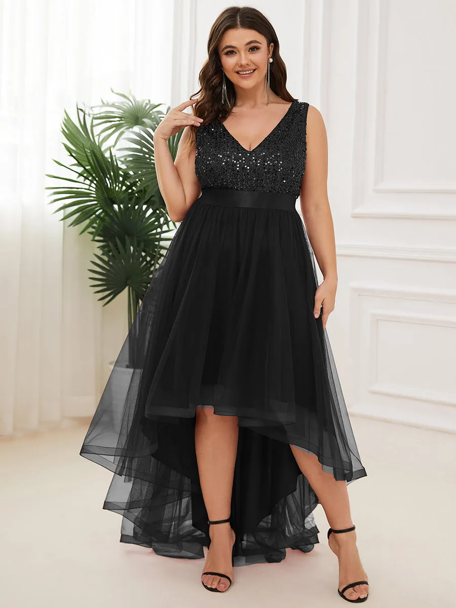 Plus Size Sparkling Wholesale Evening Dresses with Asymmetrical Hem Deep V Neck