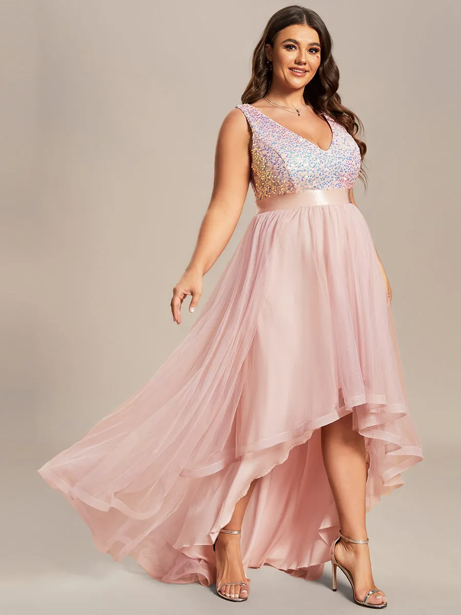 Plus Size Sparkling Wholesale Evening Dresses with Asymmetrical Hem Deep V Neck