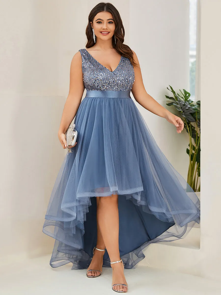 Plus Size Sparkling Wholesale Evening Dresses with Asymmetrical Hem Deep V Neck