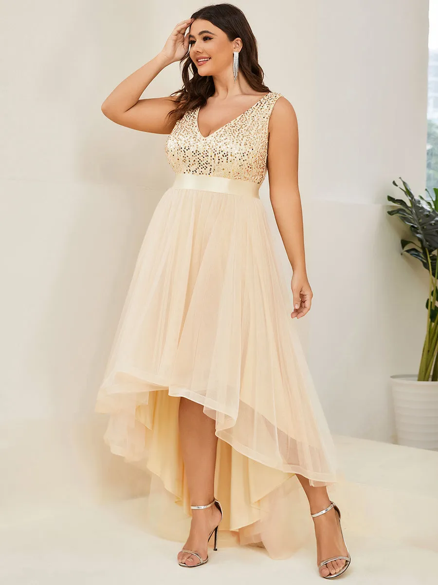 Plus Size Sparkling Wholesale Evening Dresses with Asymmetrical Hem Deep V Neck