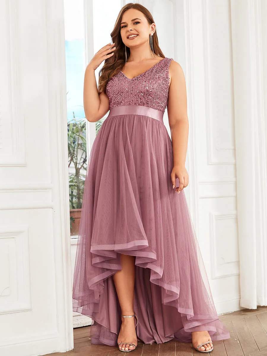 Plus Size Sparkling Wholesale Evening Dresses with Asymmetrical Hem Deep V Neck