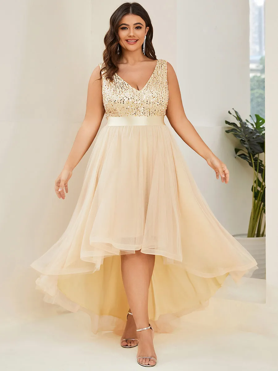 Plus Size Sparkling Wholesale Evening Dresses with Asymmetrical Hem Deep V Neck