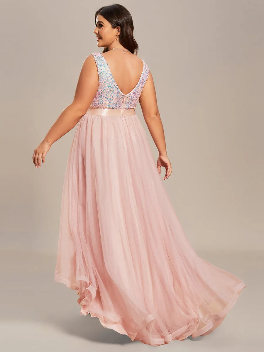 Plus Size Sparkling Wholesale Evening Dresses with Asymmetrical Hem Deep V Neck