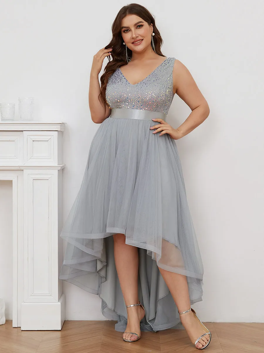 Plus Size Sparkling Wholesale Evening Dresses with Asymmetrical Hem Deep V Neck