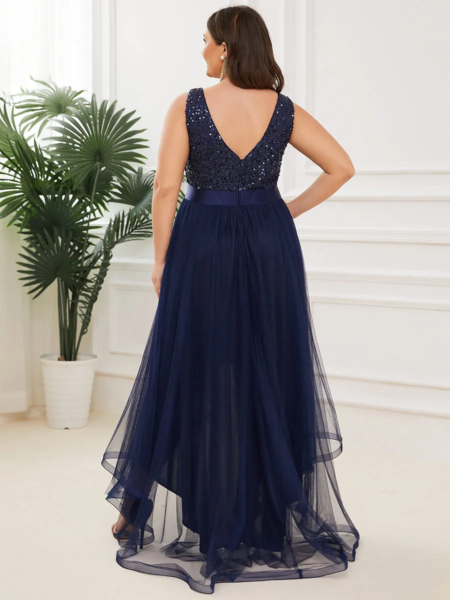 Plus Size Sparkling Wholesale Evening Dresses with Asymmetrical Hem Deep V Neck