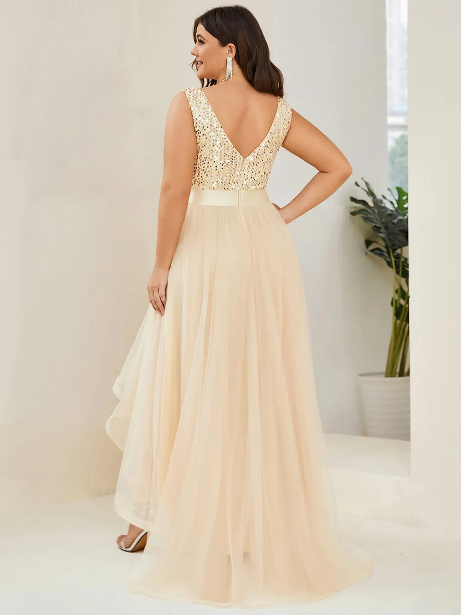 Plus Size Sparkling Wholesale Evening Dresses with Asymmetrical Hem Deep V Neck