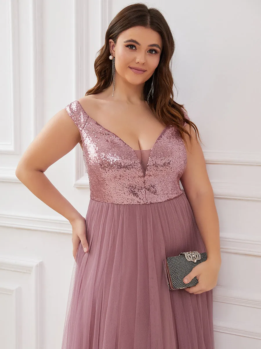 Plus Size Wholesale High Waist Tulle & Sequin Sleeveless Evening Dress EE00277