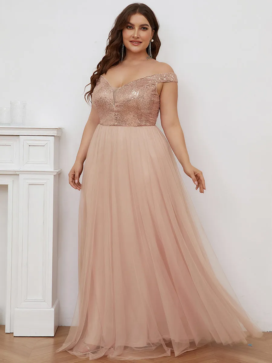 Plus Size Wholesale High Waist Tulle & Sequin Sleeveless Evening Dress EE00277