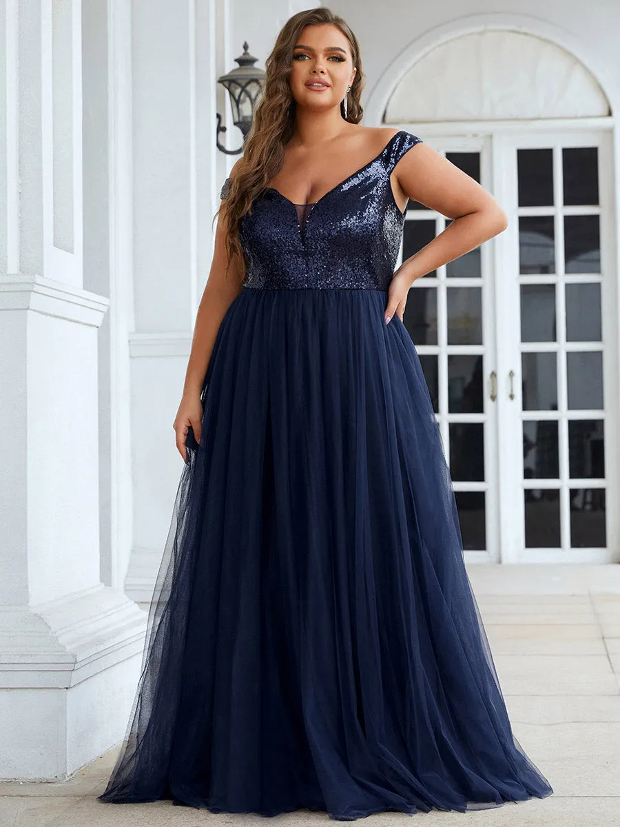 Plus Size Wholesale High Waist Tulle & Sequin Sleeveless Evening Dress EE00277