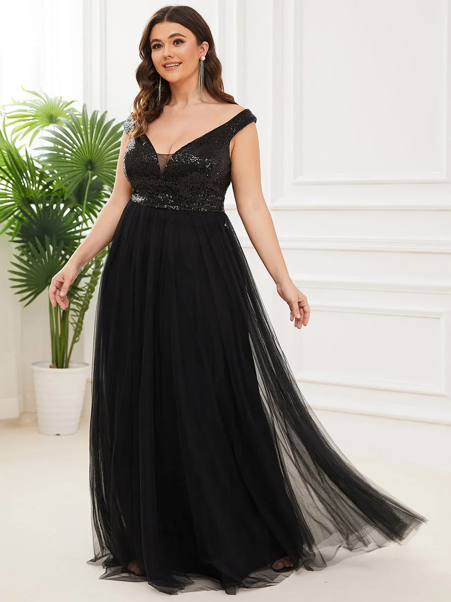 Plus Size Wholesale High Waist Tulle & Sequin Sleeveless Evening Dress EE00277